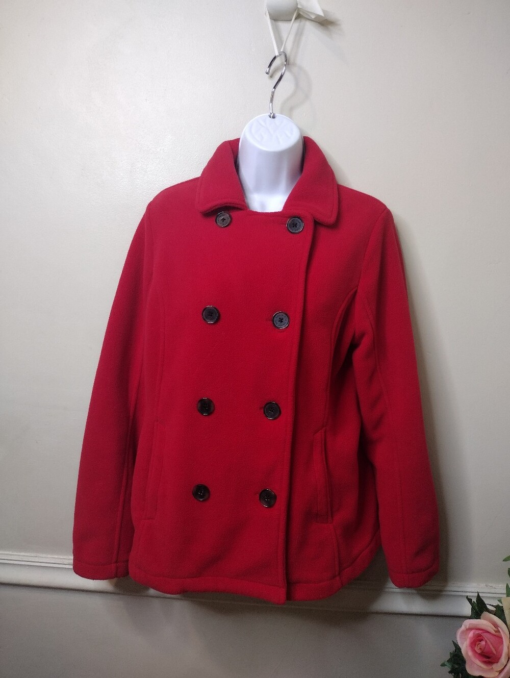 Lands' End Women’s Red Fleece Double-Breasted Peacoat Jacket